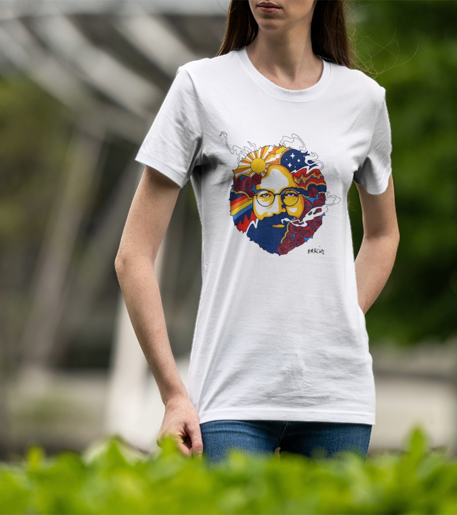 Psychedelic Jerry Garcia Face Sun Waves Stars Roses T-Shirt