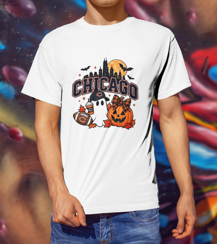 Chicago Bears Halloween Ghost Pumpkin Football Skyline Moon T-Shirt
