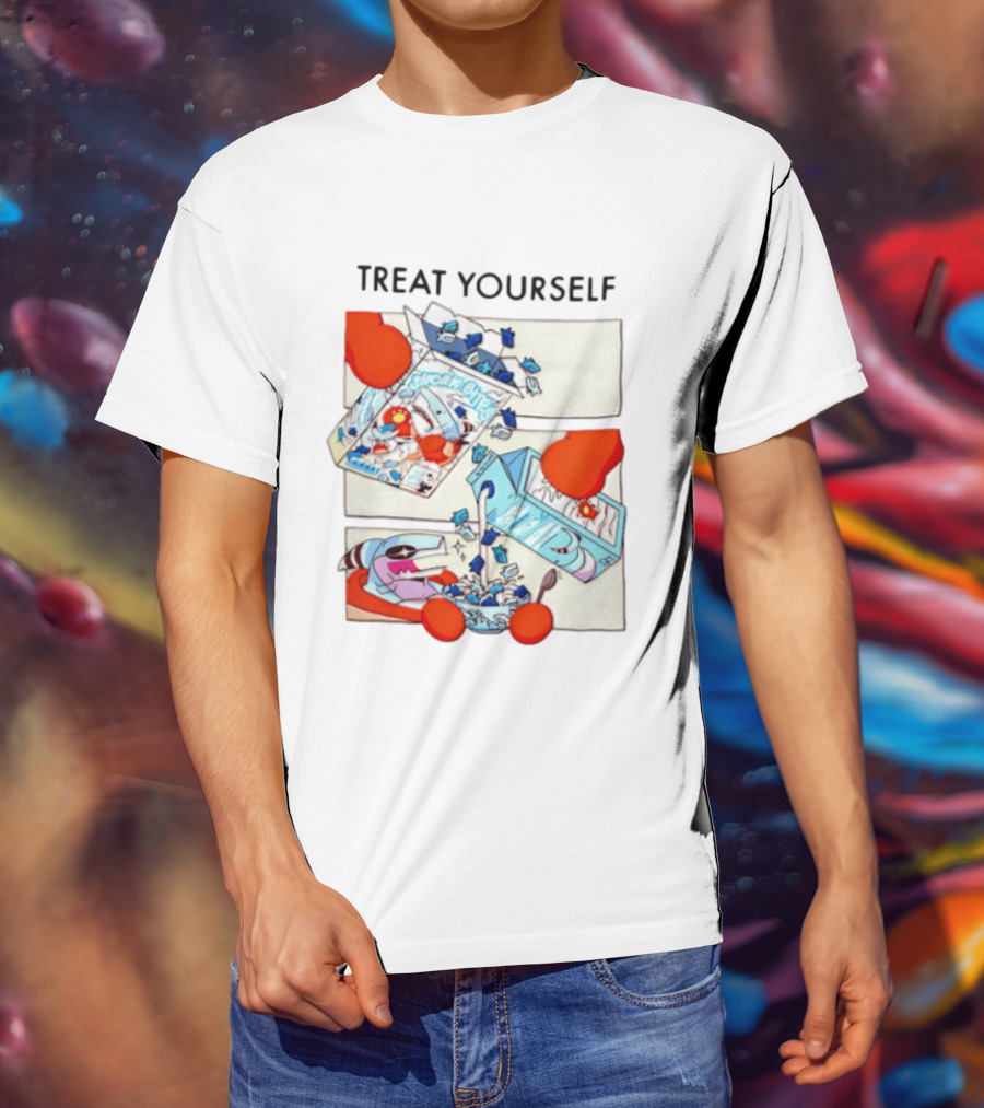 Treat Yourself Shork Bites Cereal Box Sharks Milk Breakfast Fun T-Shirt