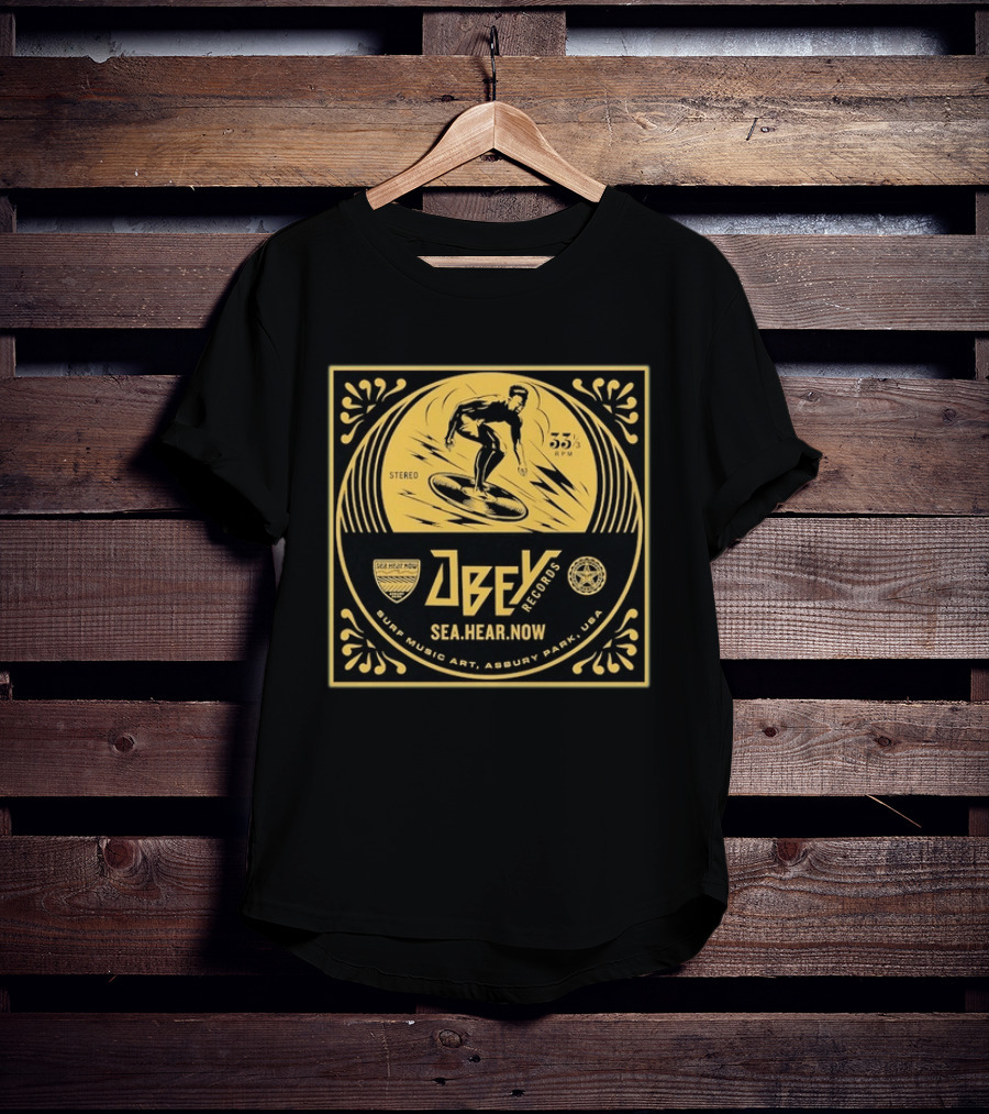 Obey Records SeaHearNow Surf Music Art Asbury Park USA 33 RPM Stereo T-Shirt