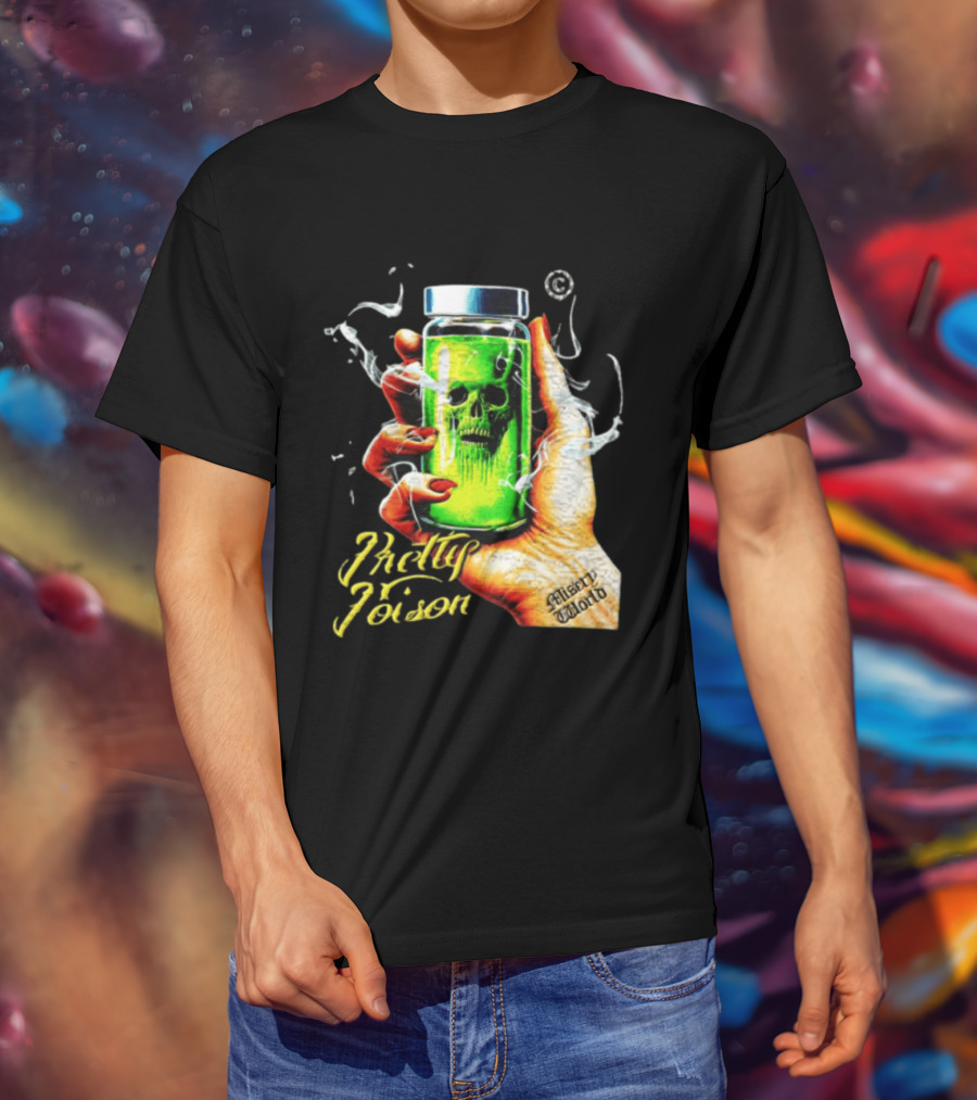 Pretty Poison Misery World Skull Bottle In Hand T-Shirt