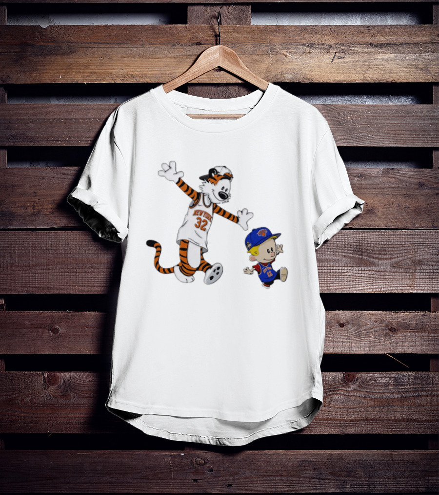 Calvin And Hobbes In New York Knicks NBA Jerseys With Classic Cartoon T-Shirt