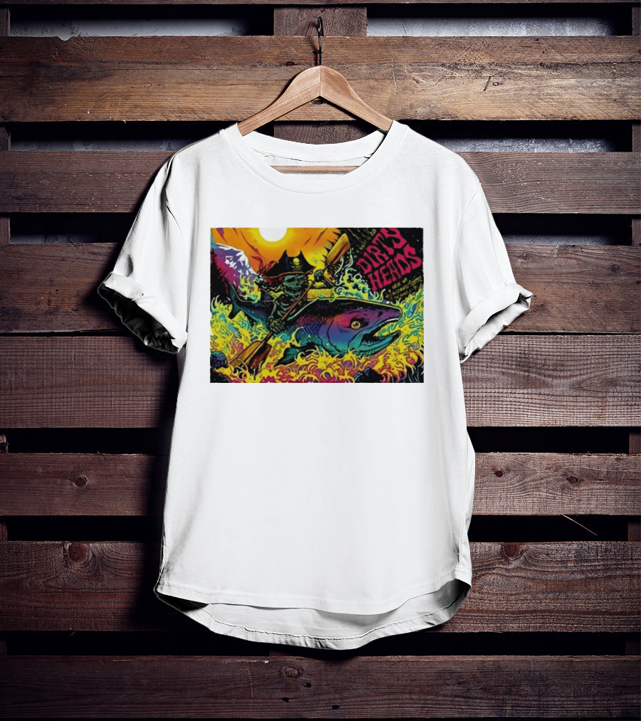 Dirty Heads Pirate Skeleton Kayaking Giant Fish Psychedelic Adventure T-Shirt