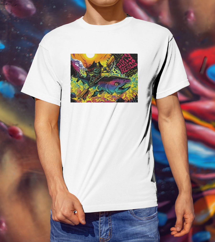 Dirty Heads Pirate Skeleton Kayaking Giant Fish Psychedelic Adventure T-Shirt