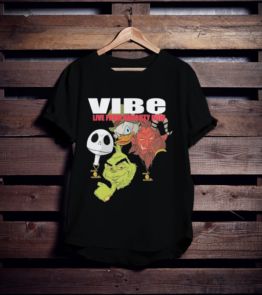 Vibe Live From Naughty Row Grinch Krampus Scrooge Jack Skellington Christmas Naughty Row Records T-Shirt