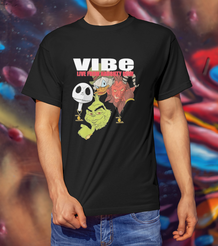 Vibe Live From Naughty Row Grinch Krampus Scrooge Jack Skellington Christmas Naughty Row Records T-Shirt