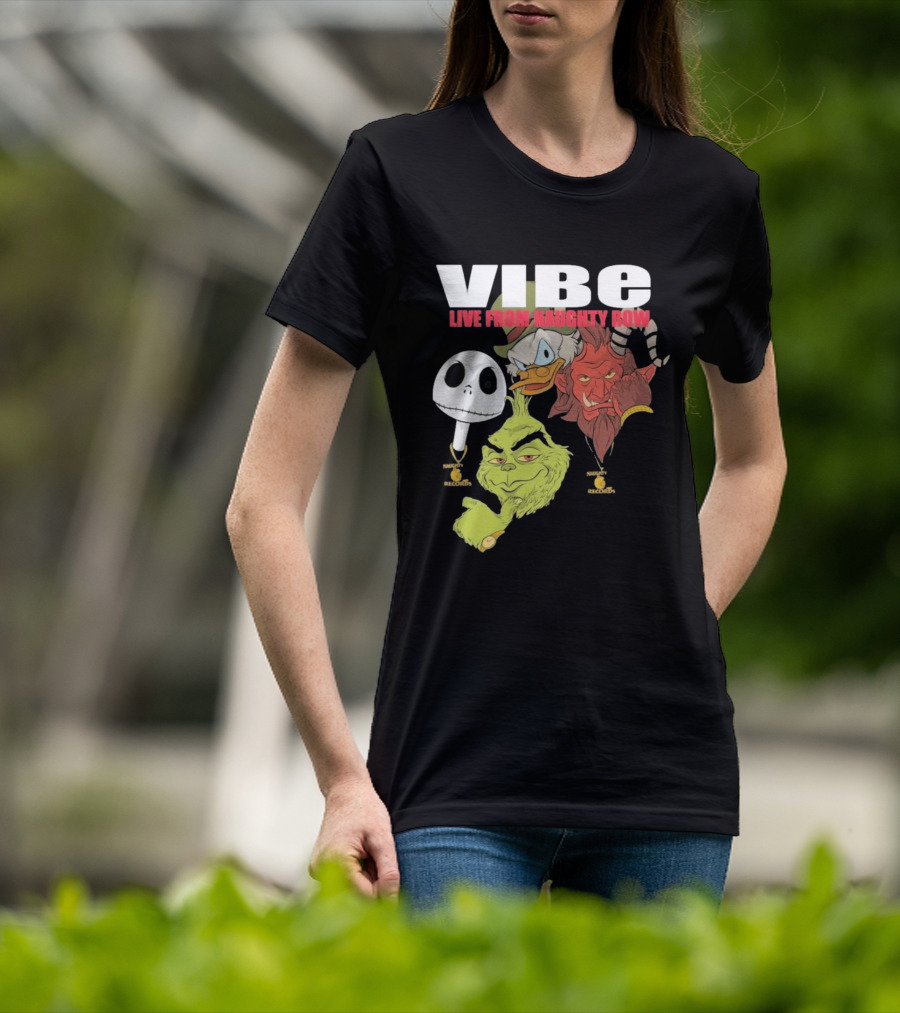 Vibe Live From Naughty Row Grinch Krampus Scrooge Jack Skellington Christmas Naughty Row Records T-Shirt