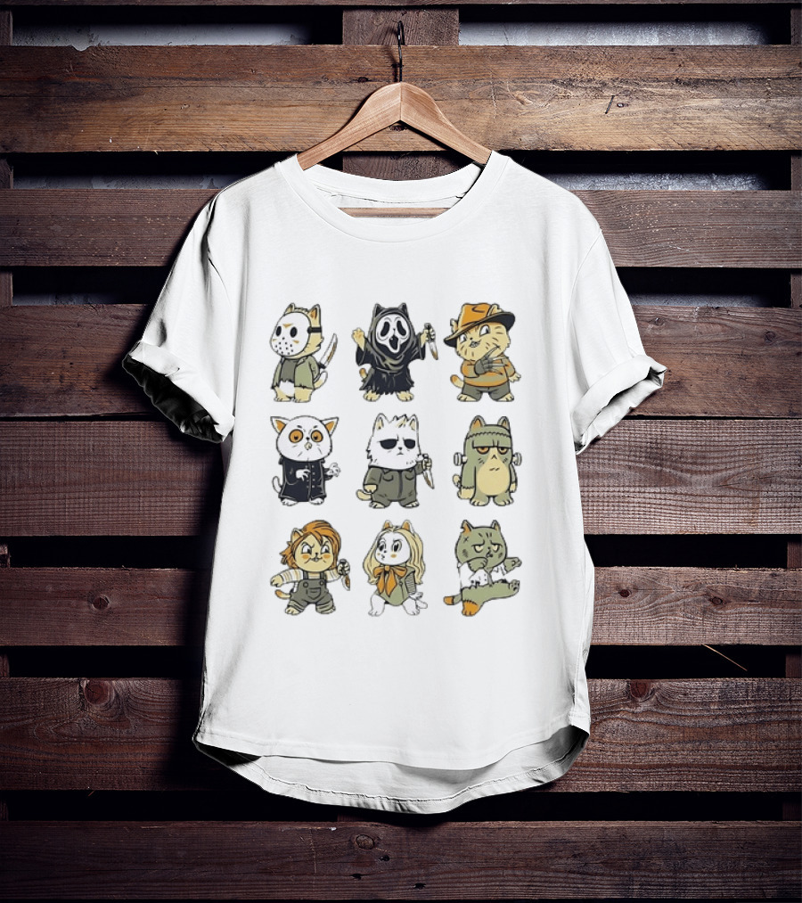 Horror Movie Cats Meowster Party Jason Ghostface Freddy Krueger Halloween T-Shirt