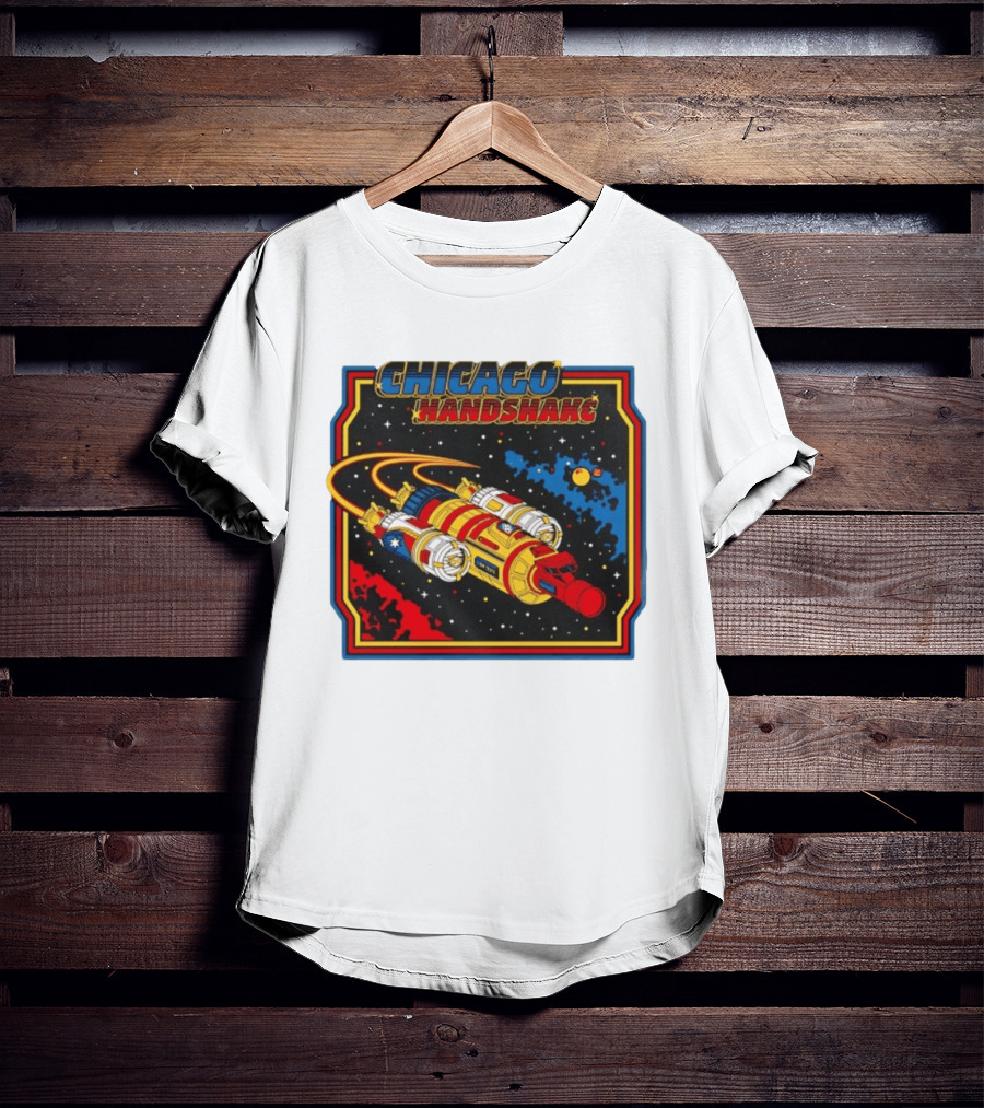 Chicago Handshake Spaceship Malort Old Lager Retro Sci Fi Space Adventure T-Shirt