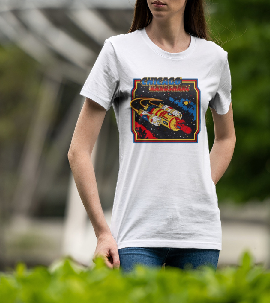Chicago Handshake Spaceship Malort Old Lager Retro Sci Fi Space Adventure T-Shirt