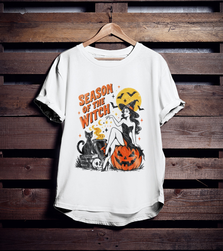 Season Of The Witch Halloween Spooky Season Full Moon Pumpkin Black Cat Bat T-Shirt