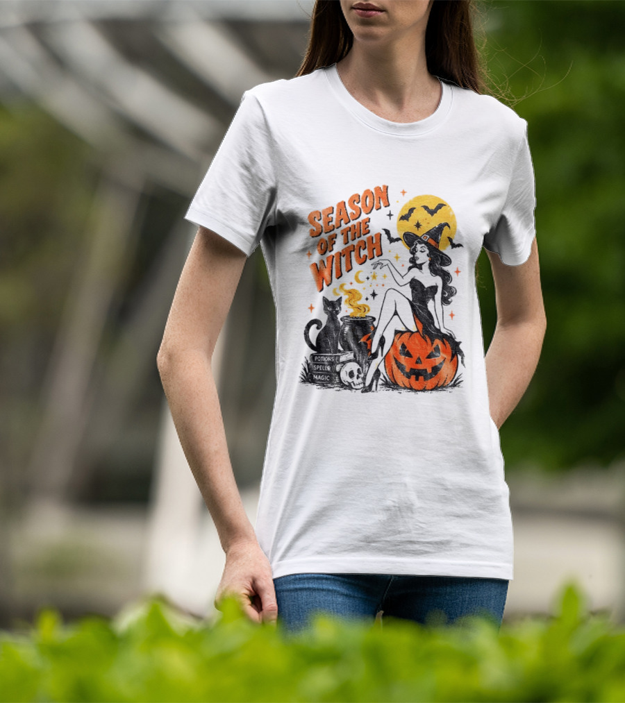 Season Of The Witch Halloween Spooky Season Full Moon Pumpkin Black Cat Bat T-Shirt