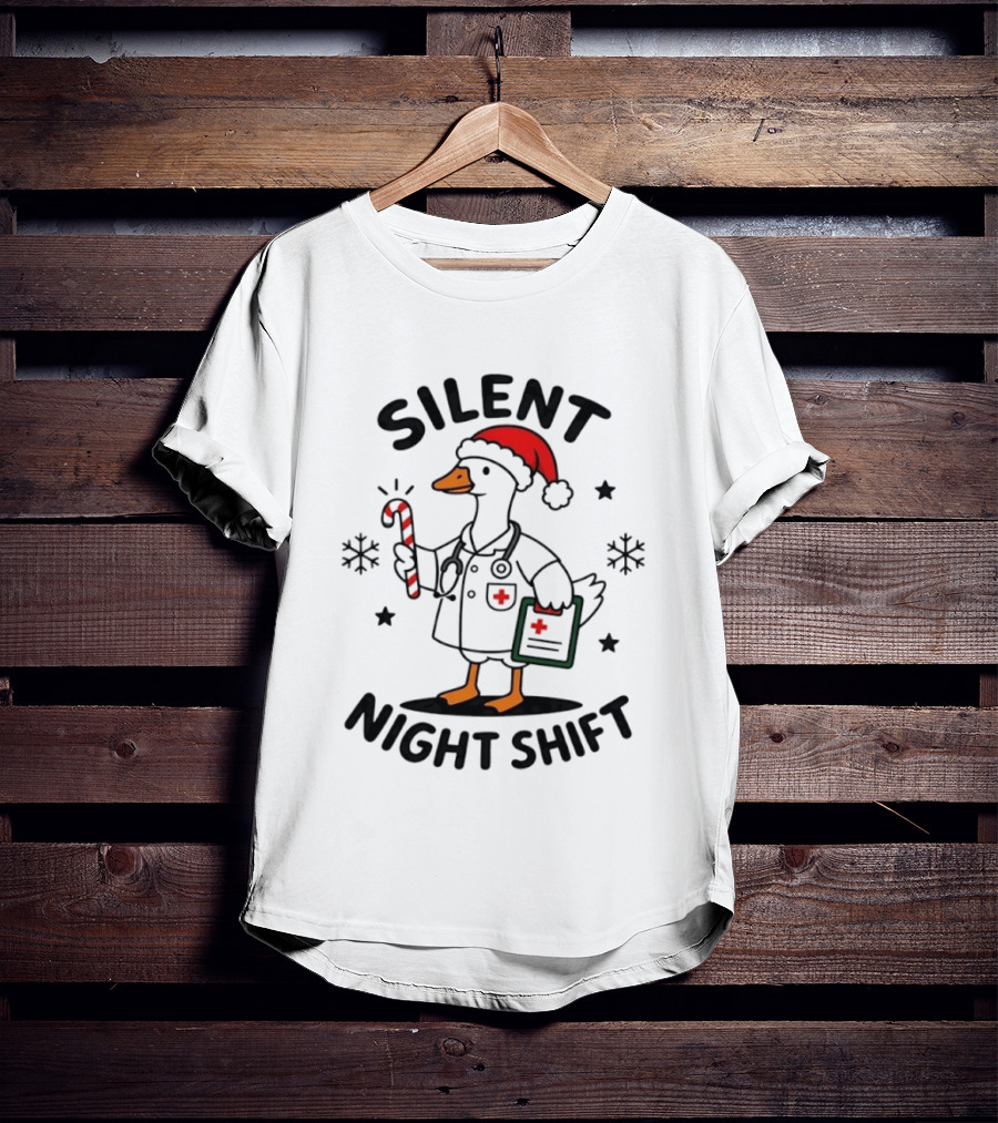 Silent Night Shift Christmas Goose In Santa Hat With Doctor Stethoscope And Candy Cane T-Shirt
