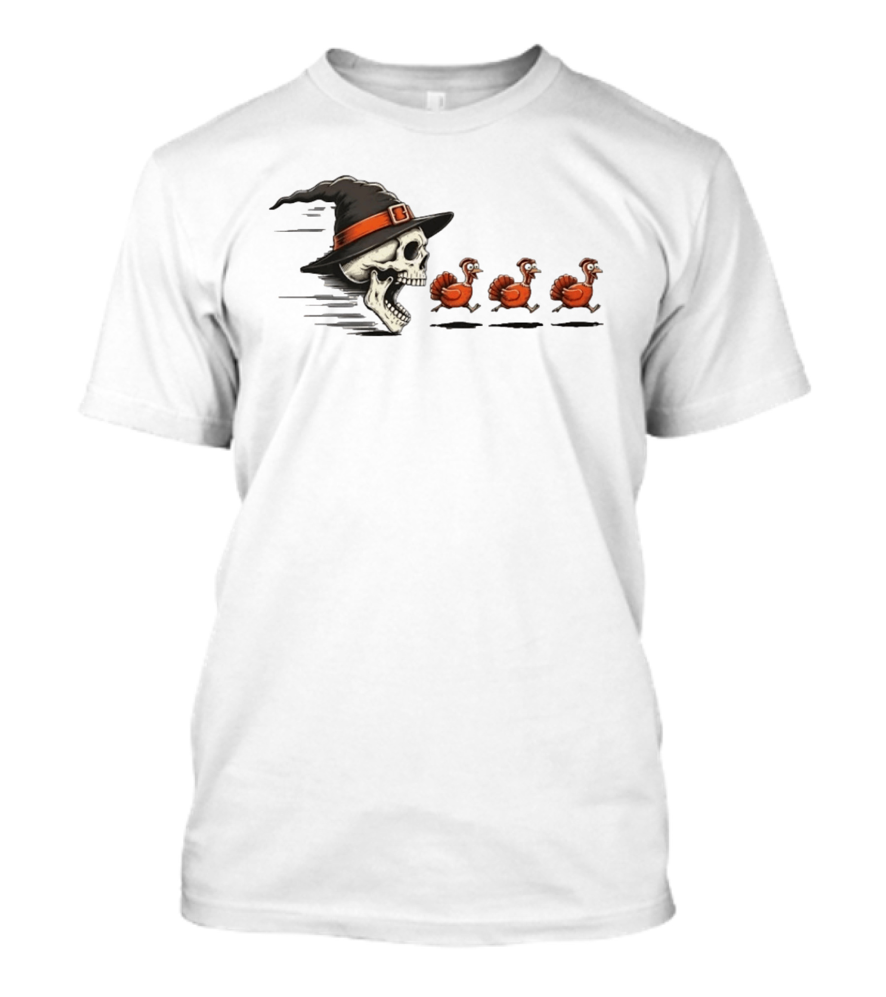 Witch Skull Chasing Turkeys Thanksgiving Humor T-Shirt