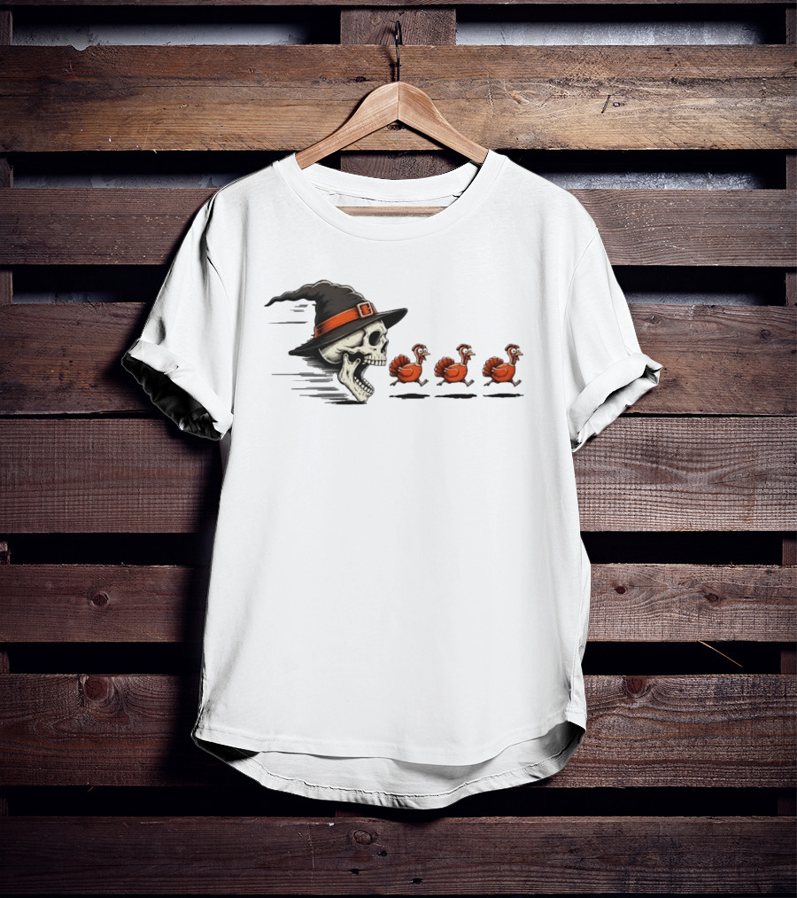 Witch Skull Chasing Turkeys Thanksgiving Humor T-Shirt