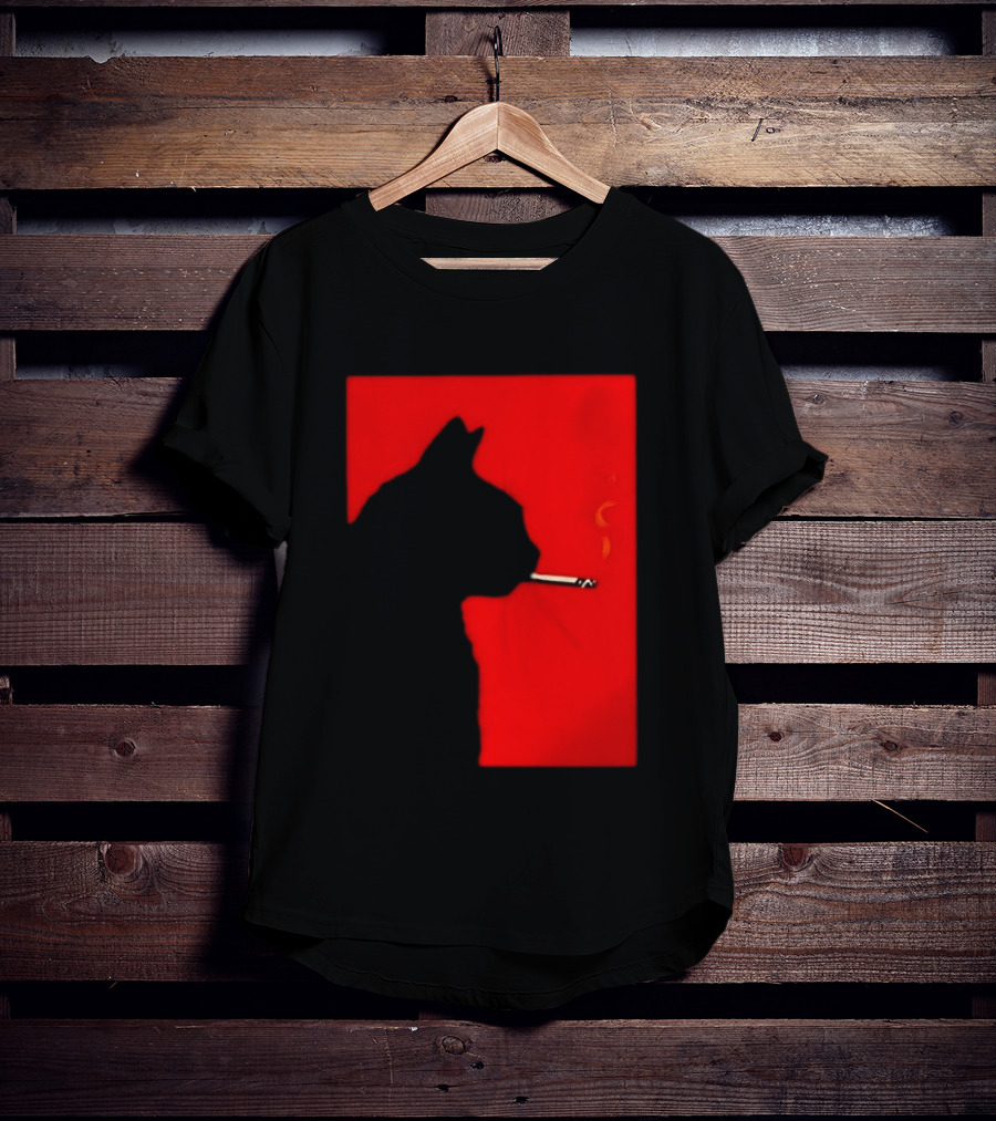 Black Cat Silhouette With Cigarette On Red T-Shirt