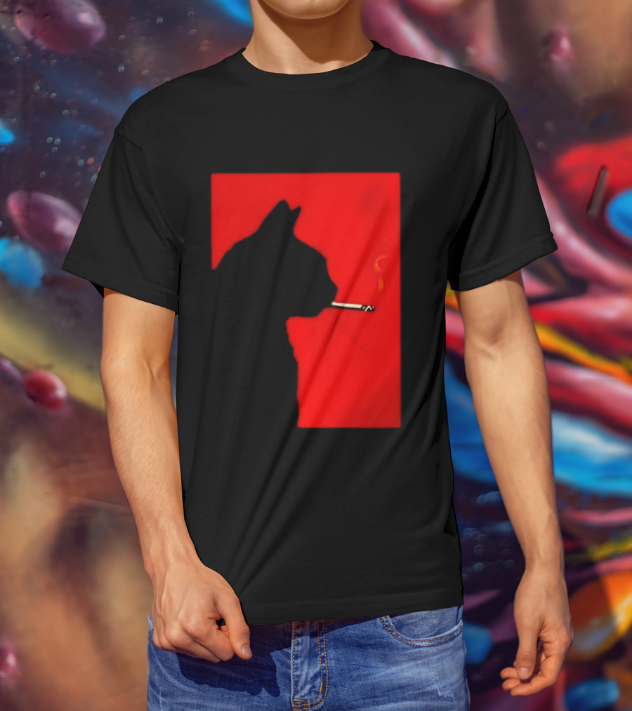 Black Cat Silhouette With Cigarette On Red T-Shirt