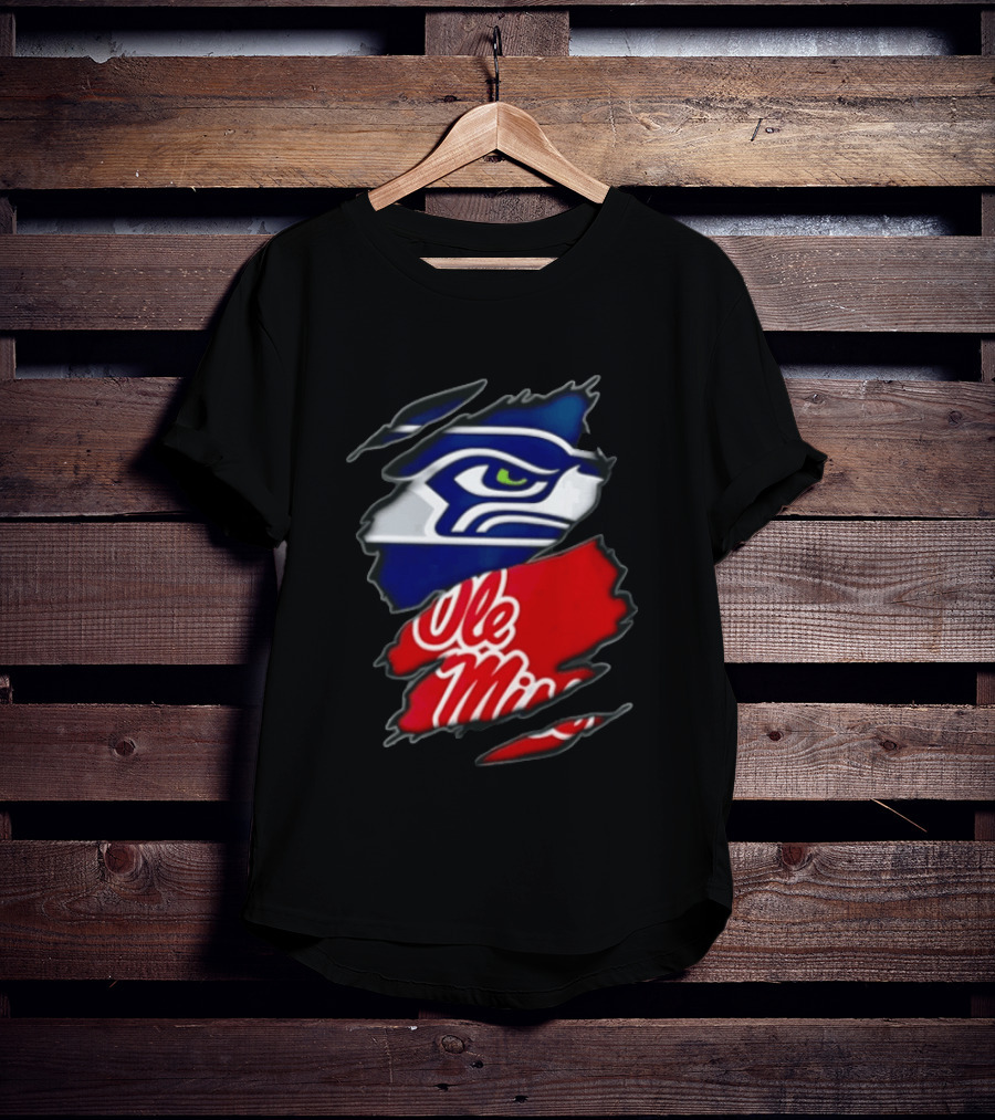 Seattle Seahawks Ole Miss Rebels Ripped Fabric Reveal T-Shirt