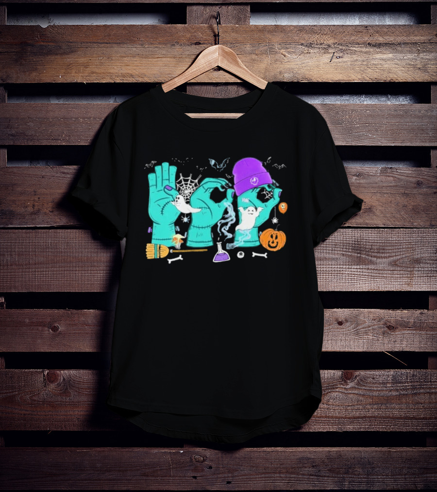 Boo ASL SPED Halloween 2026 Ghost Hands Pumpkin Broomstick Hat Bat Cobweb T-Shirt