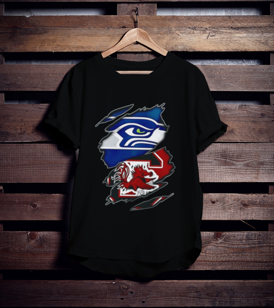 Seattle Seahawks South Carolina Gamecocks Torn Fabric Reveal Team Logos T-Shirt