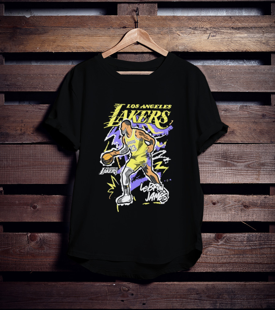 LeBron James Los Angeles Lakers 23 NBA Basketball Player Sketch Yellow Purple T-Shirt