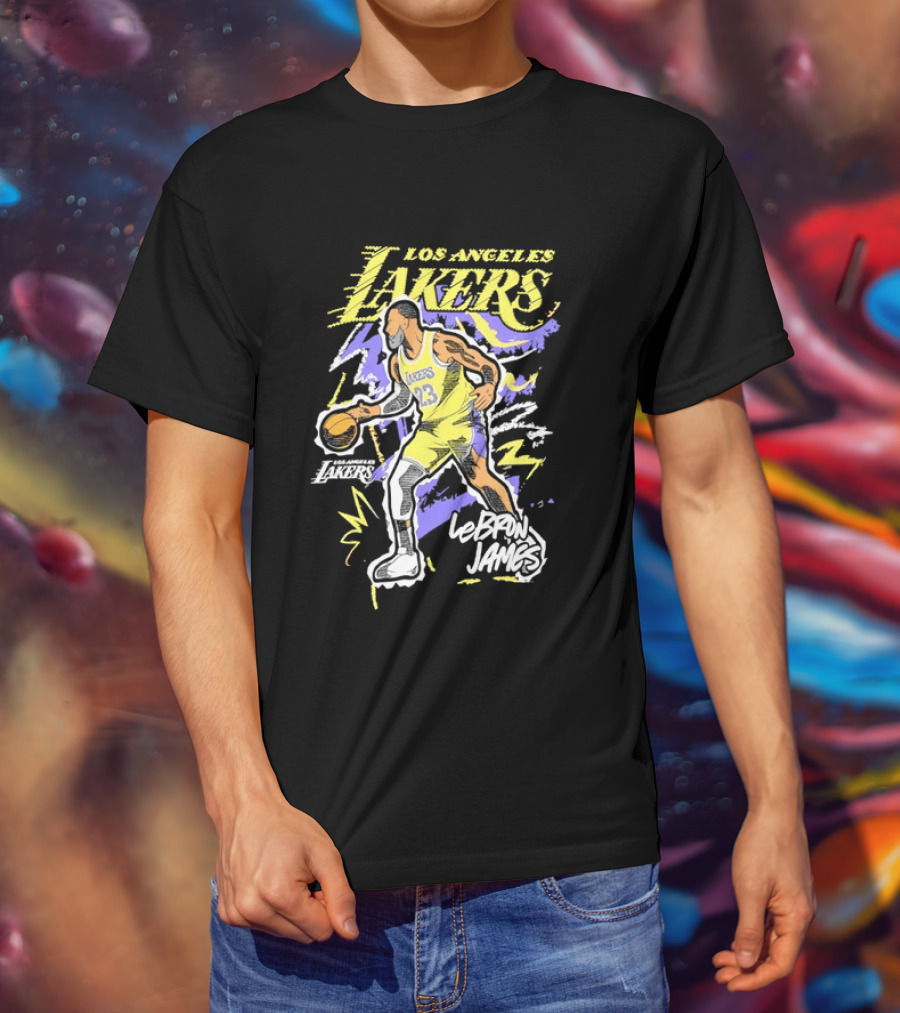 LeBron James Los Angeles Lakers 23 NBA Basketball Player Sketch Yellow Purple T-Shirt