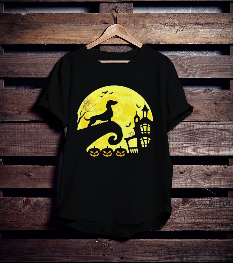 Dachshund Halloween Moon Spooky Night With Pumpkins T-Shirt