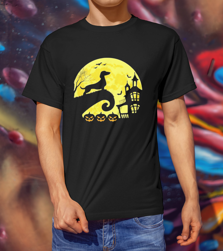 Dachshund Halloween Moon Spooky Night With Pumpkins T-Shirt