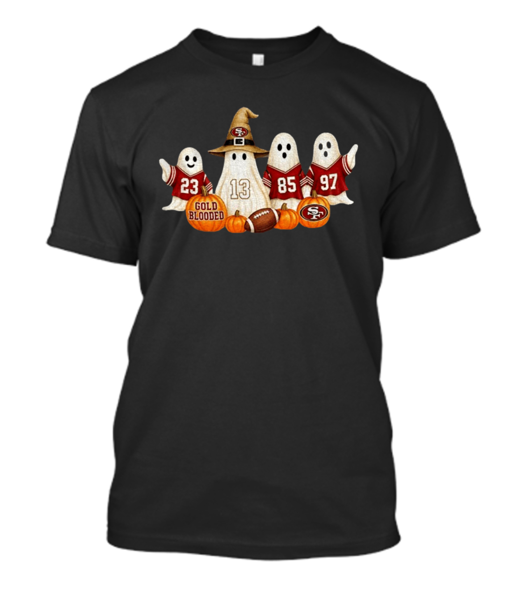 San Francisco 49ers Ghost Gold Blooded Halloween Football 2026 Pumpkins Football Jerseys T-Shirt