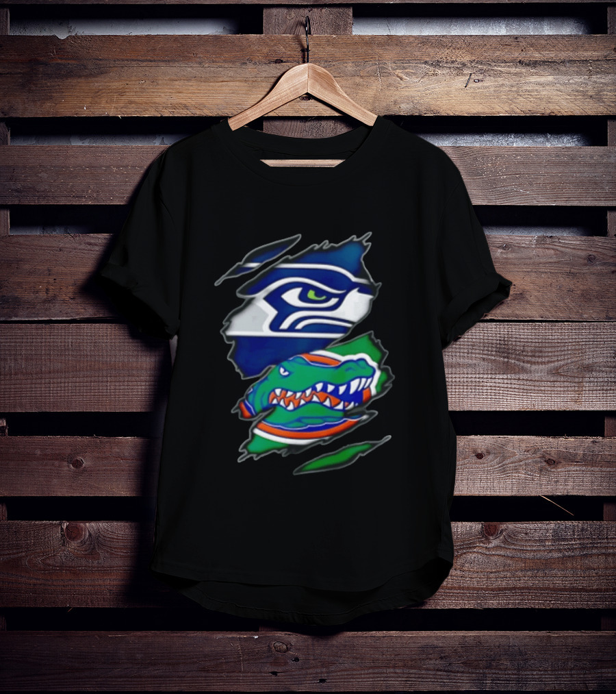 Seattle Seahawks Florida Gators Ripped Fabric Effect Sports Logos T-Shirt
