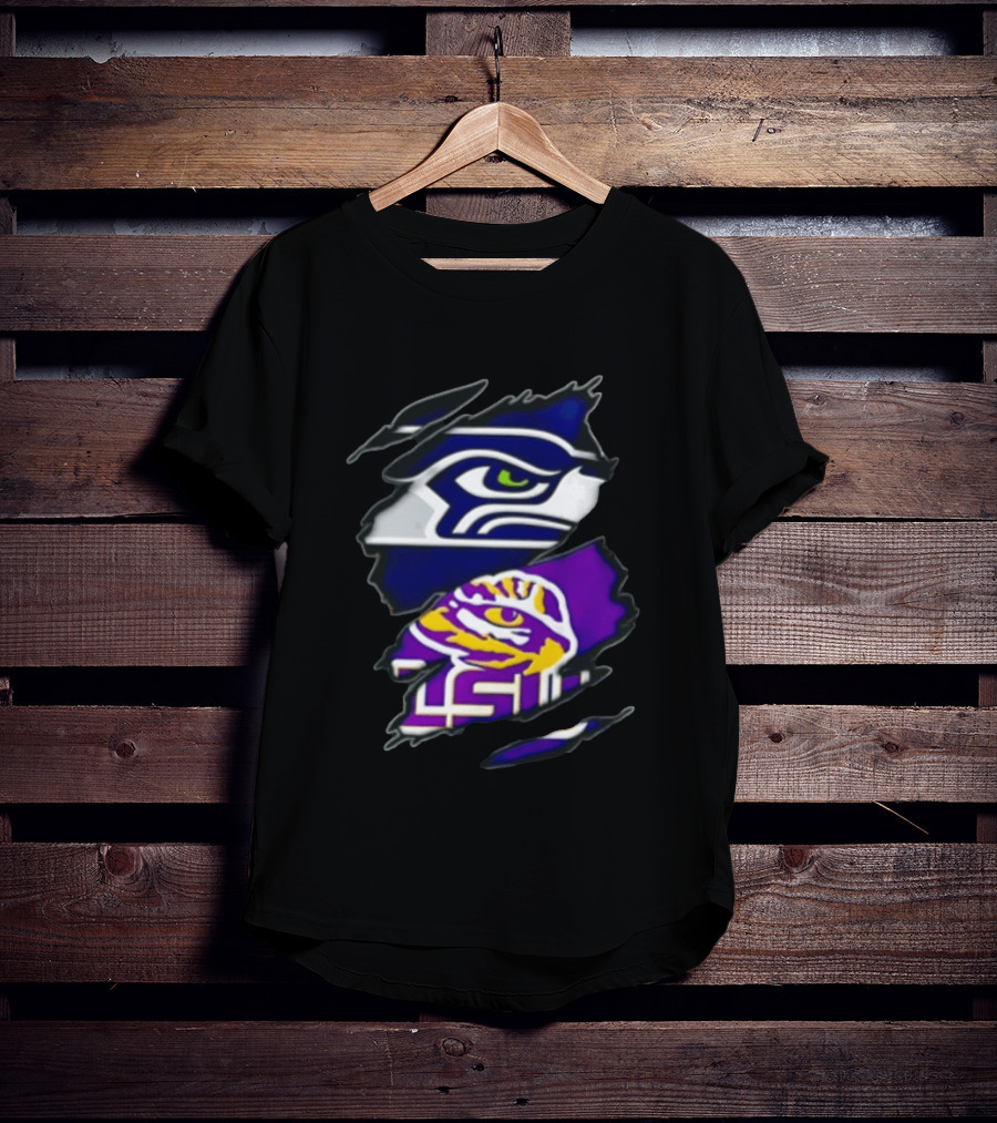 Seattle Seahawks Louisiana State University Ripped Fabric Reveal Seahawks Tiger Eye T-Shirt
