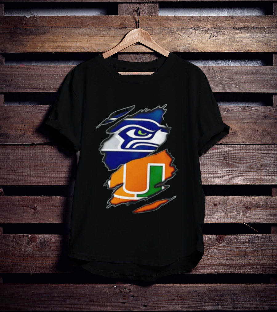 Seattle Seahawks Miami Hurricanes Torn Fabric Reveal Team Logos T-Shirt