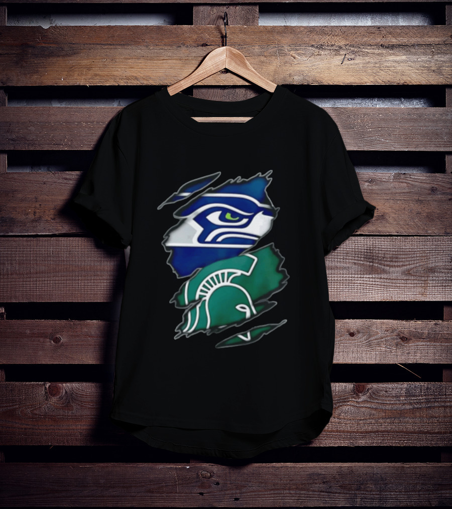Seattle Seahawks Michigan State Spartans Torn Fabric Reveal Sports Logos T-Shirt