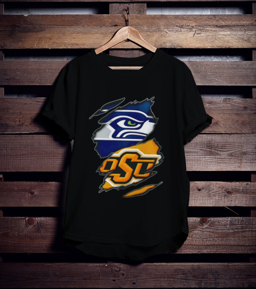 Seattle Seahawks Oklahoma State Cowboys Torn Fabric Reveal Sports T-Shirt
