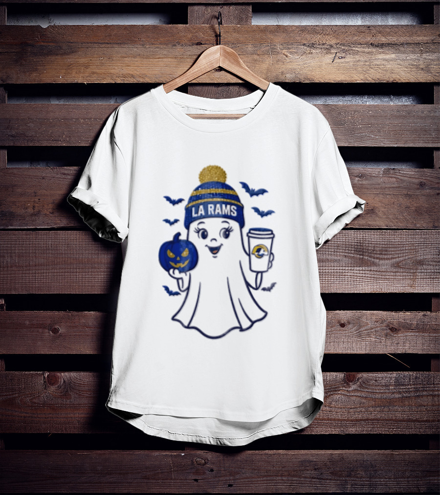 Los Angeles Rams Beanie Ghost Holding Pumpkin And Coffee Halloween T-Shirt