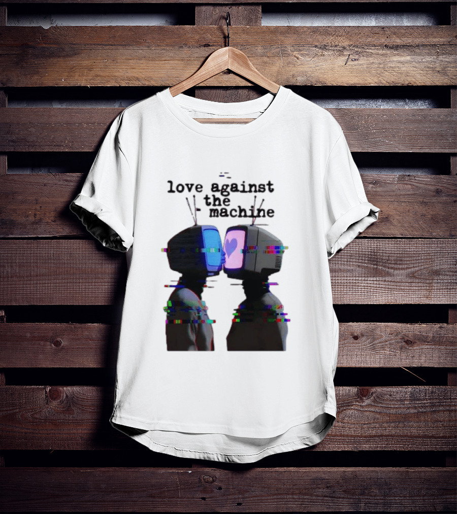 Love Against The Machine Two Television Heads Kissing Glitch Heart T-Shirt