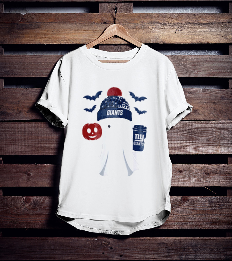 New York Giants Ghost Halloween Beanie With Pumpkin Coffee And Bats T-Shirt