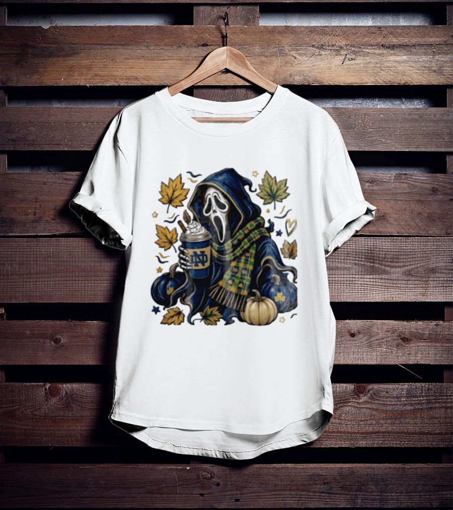 Notre Dame Ghostface Holding Coffee Autumn Leaves Pumpkins T-Shirt