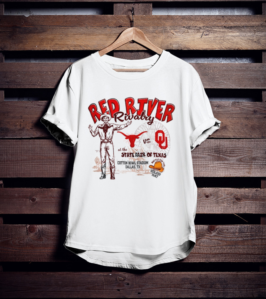 Red River Rivalry Texas Longhorns Vs Oklahoma Sooners State Fair Of Texas Vintage Cowboy Ferris Wheel Iconic Showdown T-Shirt