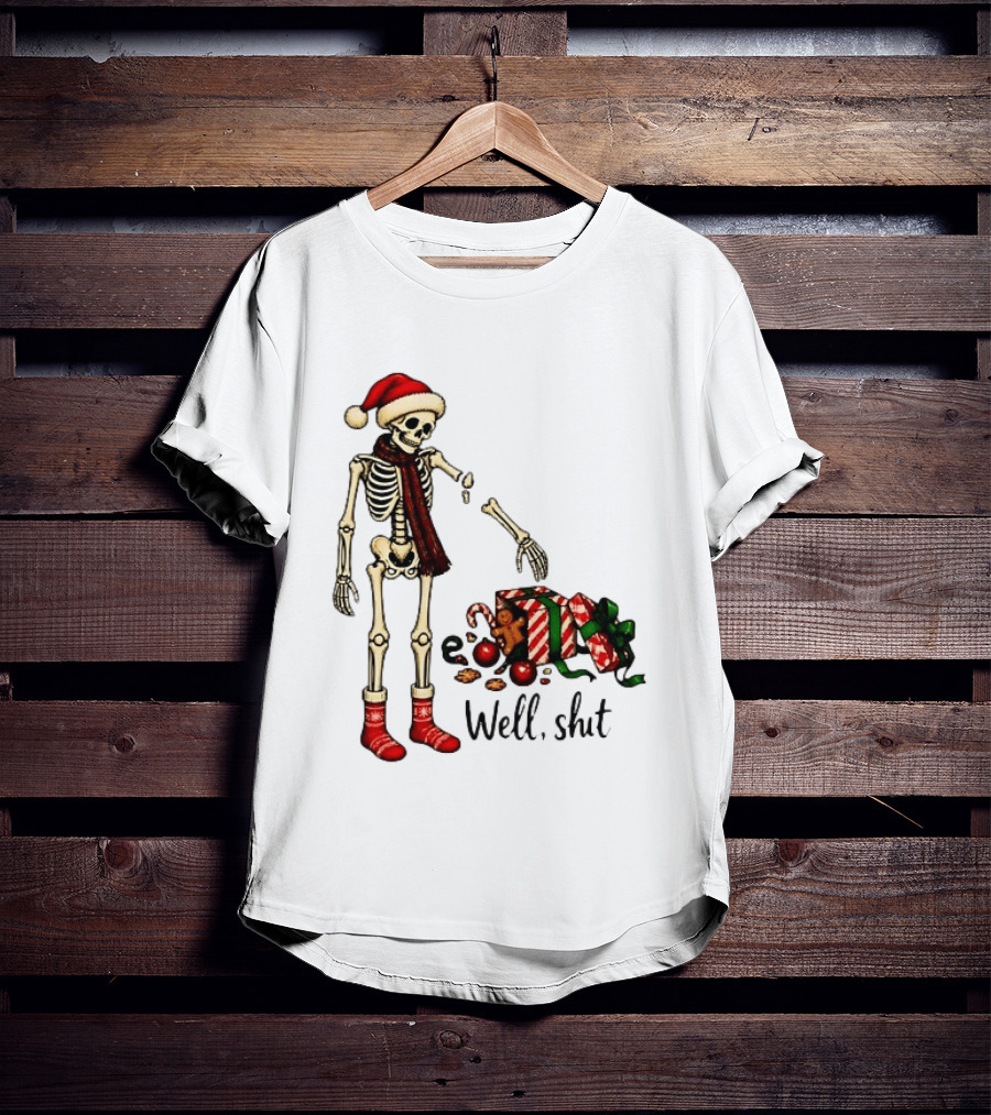Well Shit Christmas Skeleton Gingerbread Man Santa Hat T-Shirt
