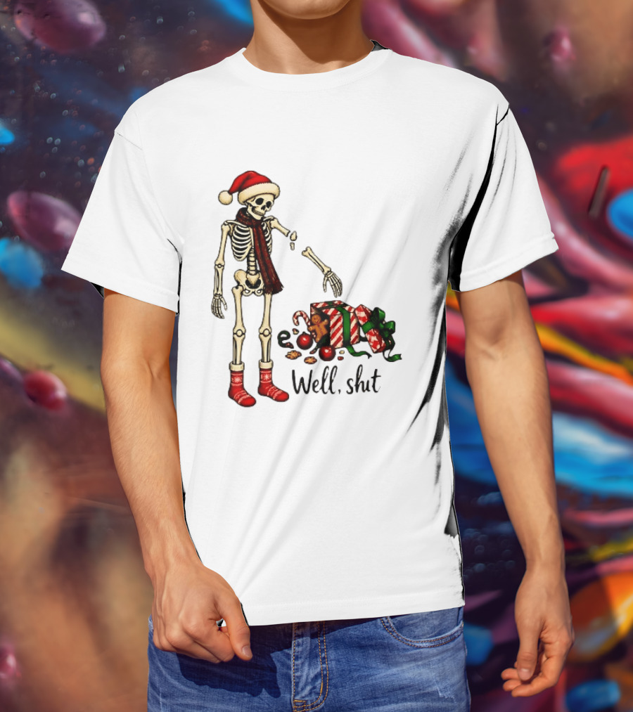 Well Shit Christmas Skeleton Gingerbread Man Santa Hat T-Shirt