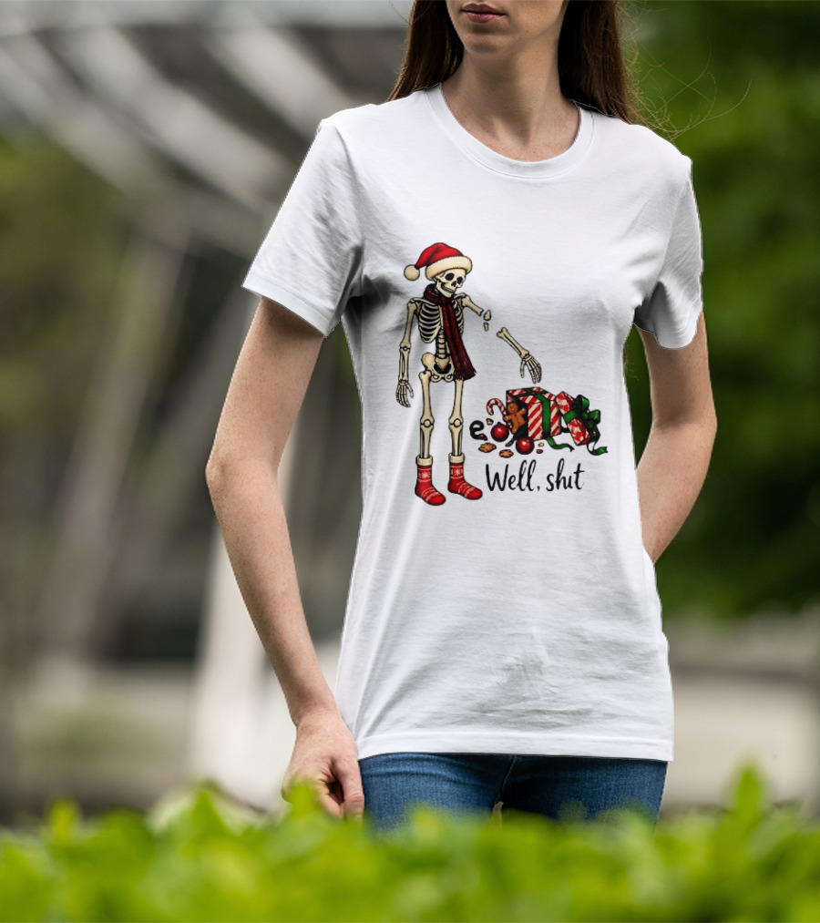 Well Shit Christmas Skeleton Gingerbread Man Santa Hat T-Shirt