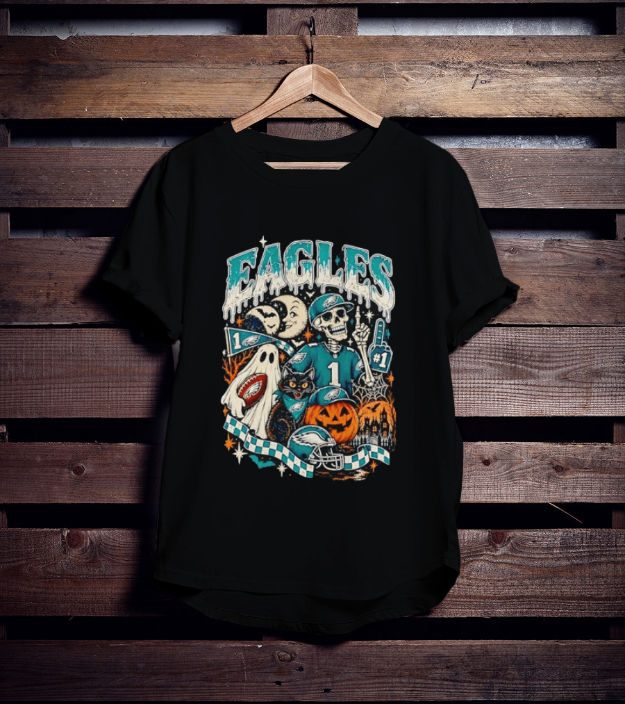 Eagles Jalen Hurts Halloween Skeleton Ghost Black Cat Pumpkin T-Shirt