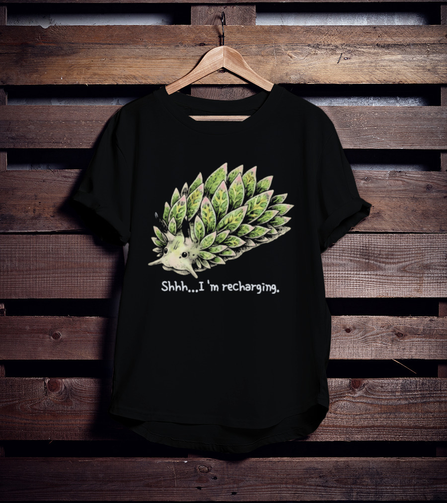 Leaf Sheep Sea Slug Shhh I'm Recharging Green Pink Cute Sea Creature T-Shirt