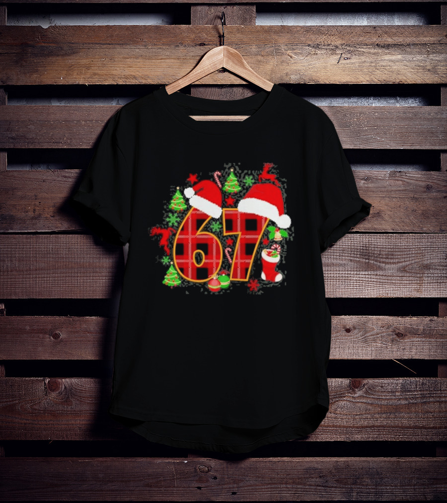 67 Christmas Plaid With Santa Hats And Festive Decorations T-Shirt