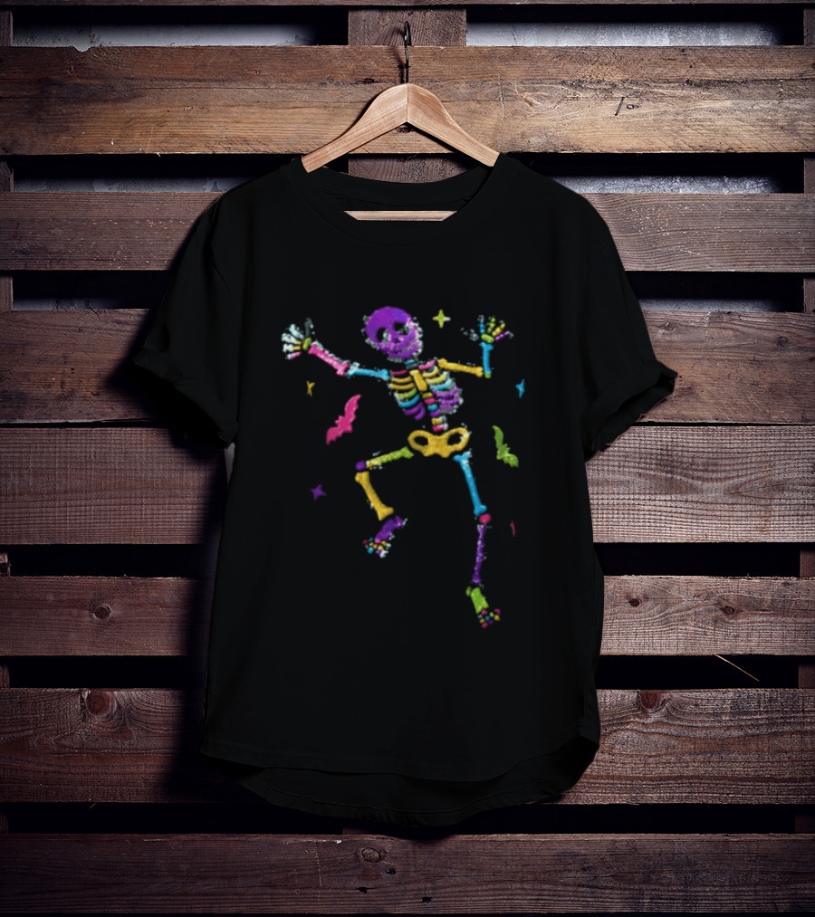 Skeleton Dancing Colorful Sequin Bats T-Shirt