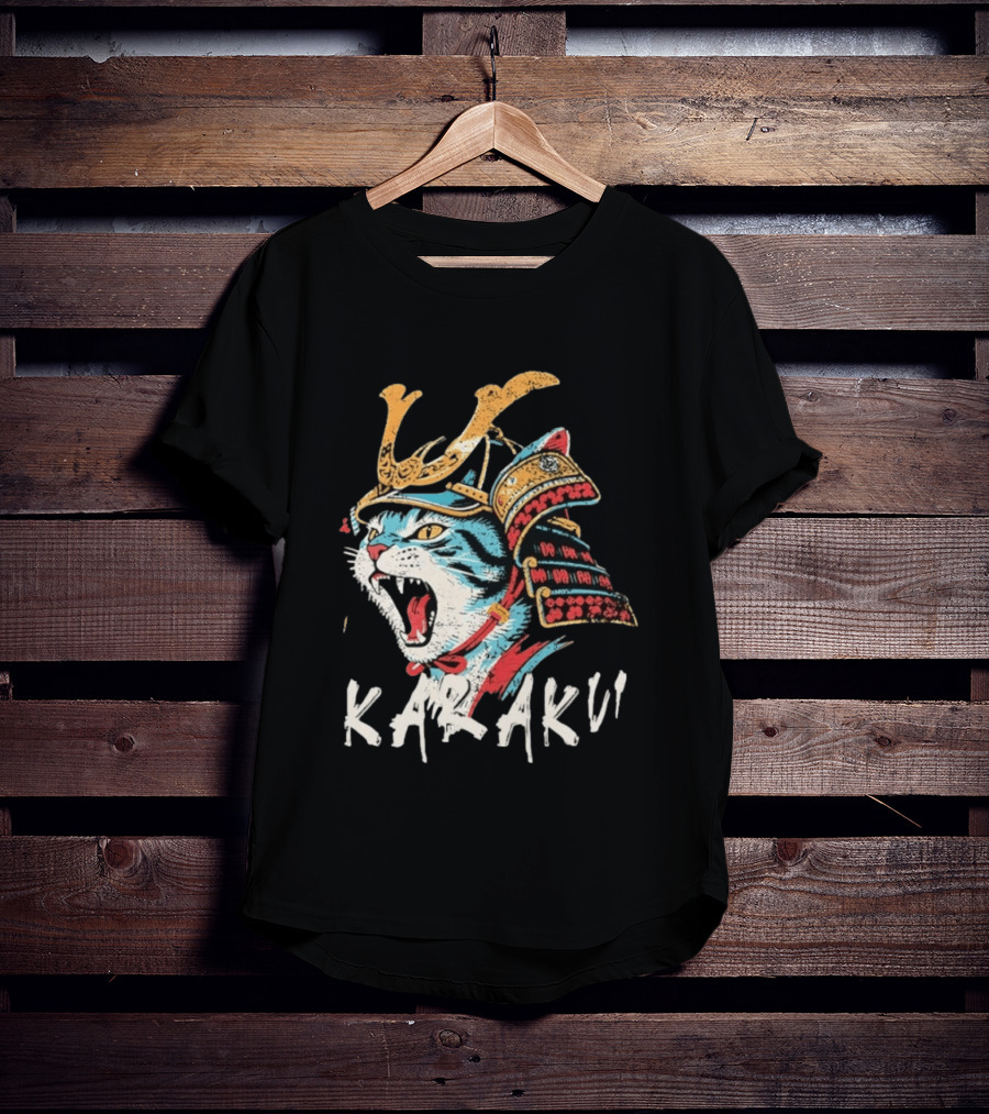 Karaku Distressed Samurai Cat With Helmet And Snarling Expression T-Shirt