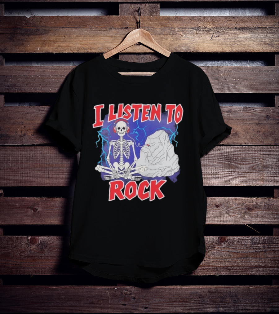 I Listen To Rock Skeleton Headphones Music T-Shirt