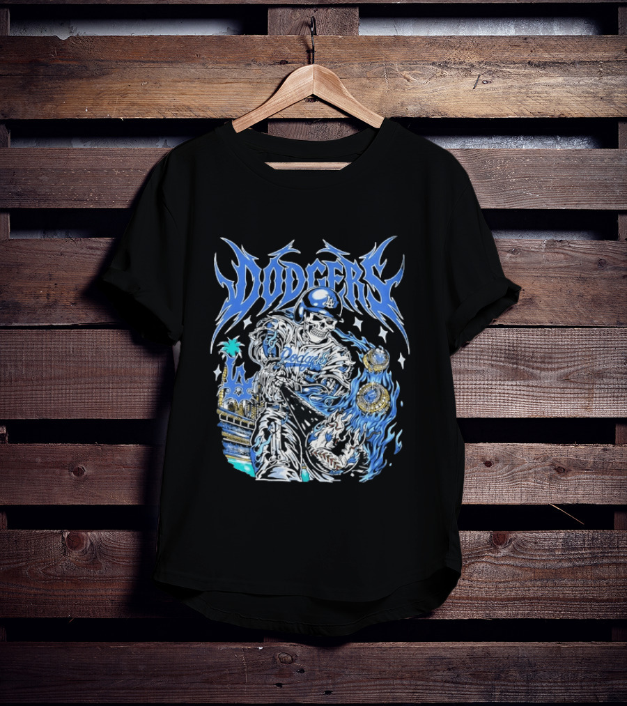 Los Angeles Dodgers Skeleton Player With Baseball Bat And Championship Rings T-Shirt