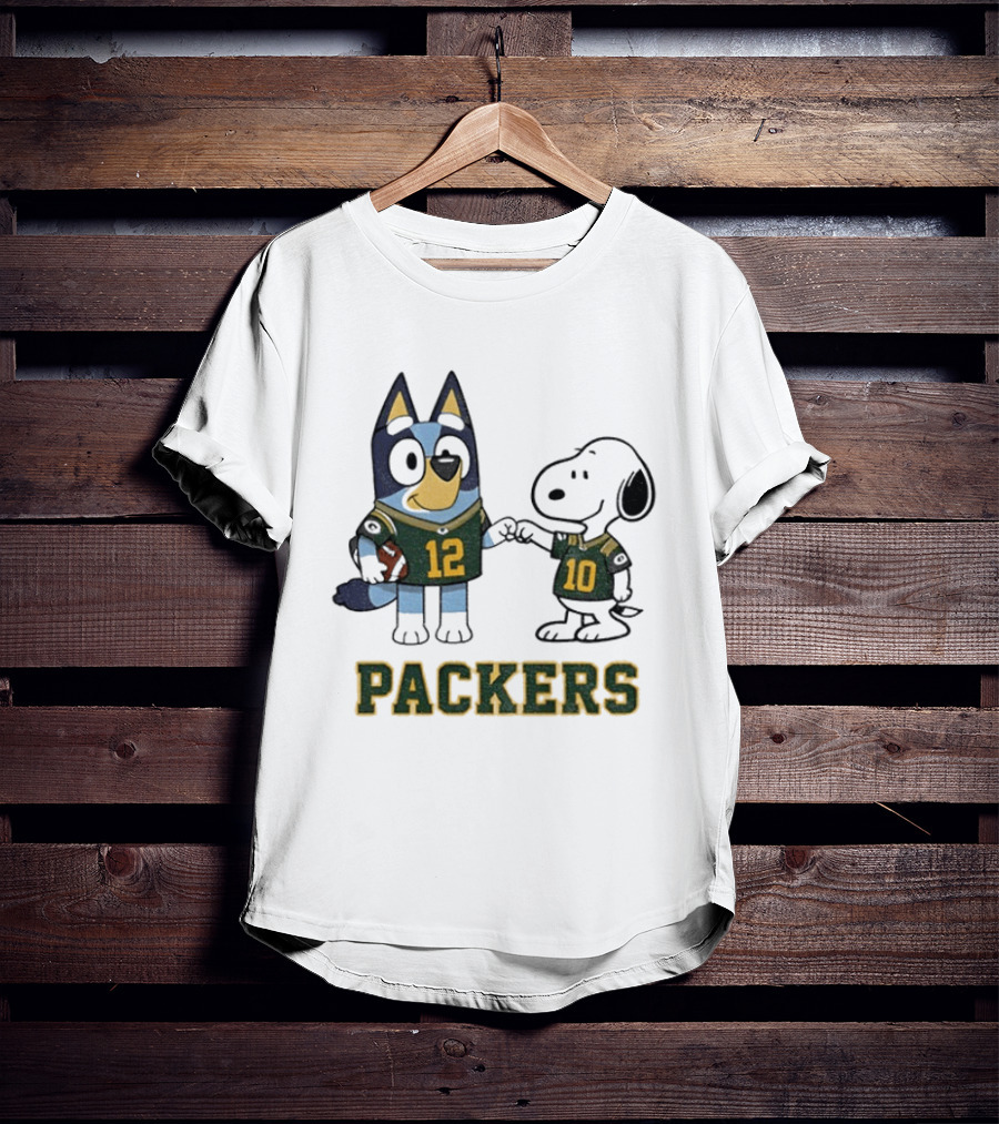 Bluey Snoopy Packers Football Friends Wearing 12 And 10 Jerseys T-Shirt